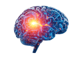 Abstract glowing human brain with bright light emanating from the center isolated on transparent background