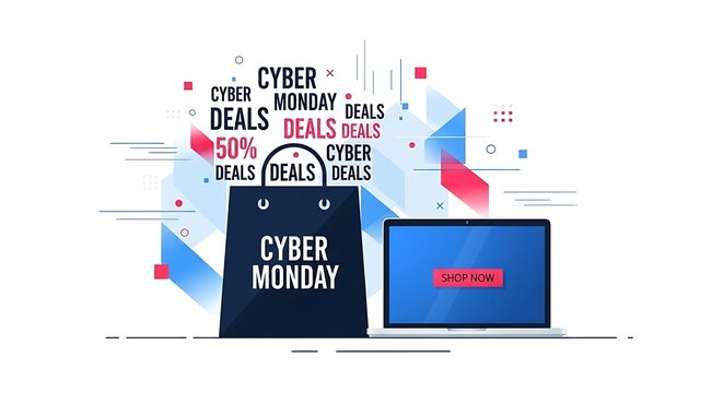 Cyber Monday Shopping Deals, Discounts, and Offers on a Digital Platform with a Laptop and Shopping Bag - Powered by Adobe