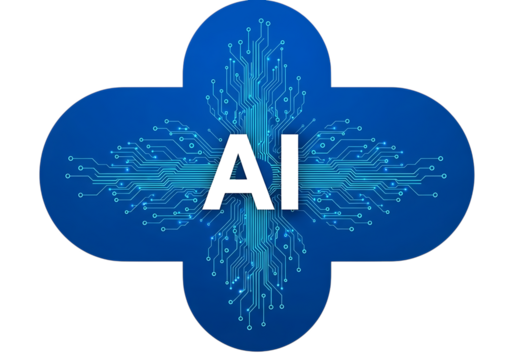 Abstract blue digital circuit board pattern with ai text in the center isolated on transparent background