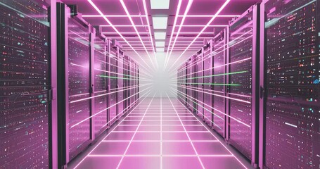 Dynamic server room corridor with glowing data streams and futuristic digital network visualization, representing innovation and advanced technology - Powered by Adobe