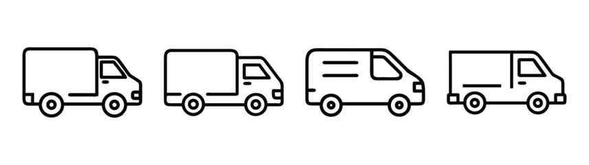 Obraz premium Diverse cargo vans and trucks line art icons for logistics and delivery services