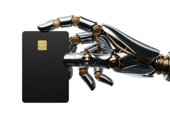 Futuristic robotic hand holding a blank black credit card with a golden chip isolated on transparent background