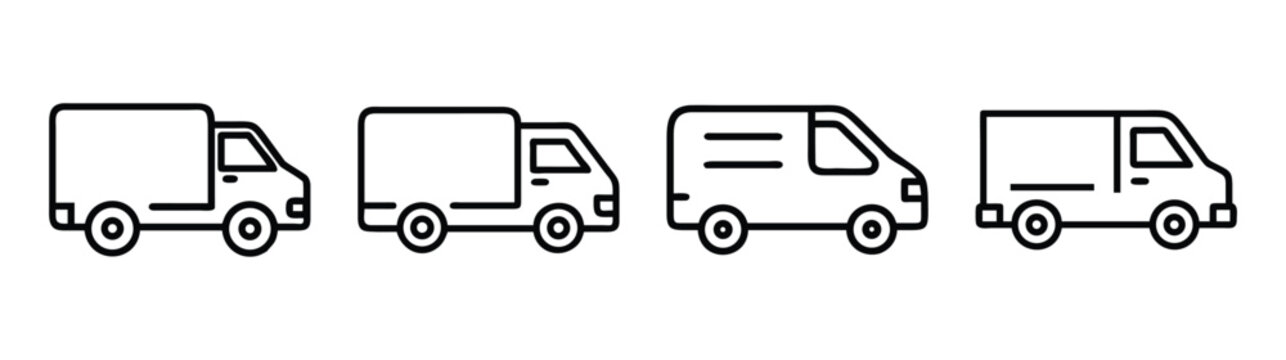 Diverse cargo vans and trucks line art icons for logistics and delivery services