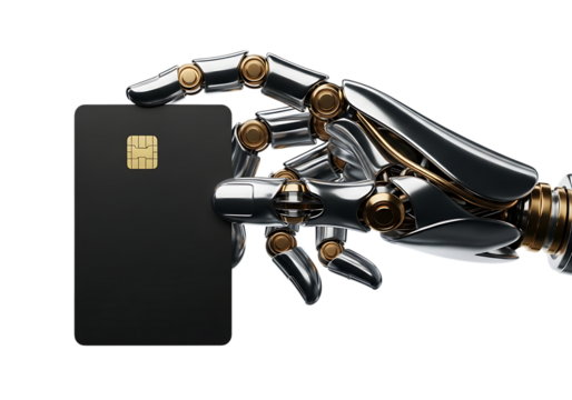 Futuristic robotic hand holding a blank black credit card with a golden chip isolated on transparent background - Powered by Adobe