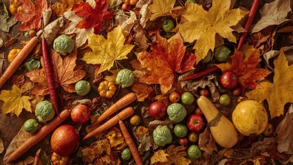 Autumn scene with leaves, apples, and gourds, dated 1987. Fall foliage, fruits, vegetables, and seasonal decoration. The year 1987 is featured prominently.