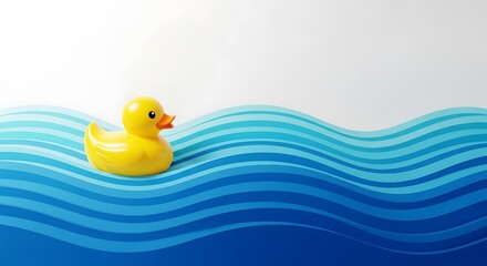 Yellow rubber duck on blue wave pattern, symbolizing childhood, bath time, and playful aquatic fun for kids and adults