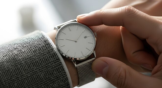Closeup of a man checking the time on a minimalist wristwatch with a white dial and silver band, showcasing punctuality and style