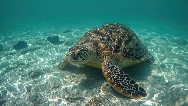 Turtle swimming underwater with a shell pattern, in clear blue water. Marine life and nature scene. The turtle and underwater environment.