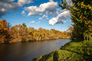 Autumn town colors with sun
