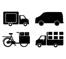 Delivery vehicles transportation silhouette truck, van, cargo bike, and pickup set