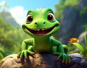 A bright green cartoon lizard smiles, standing on a rocky surface with lush green background