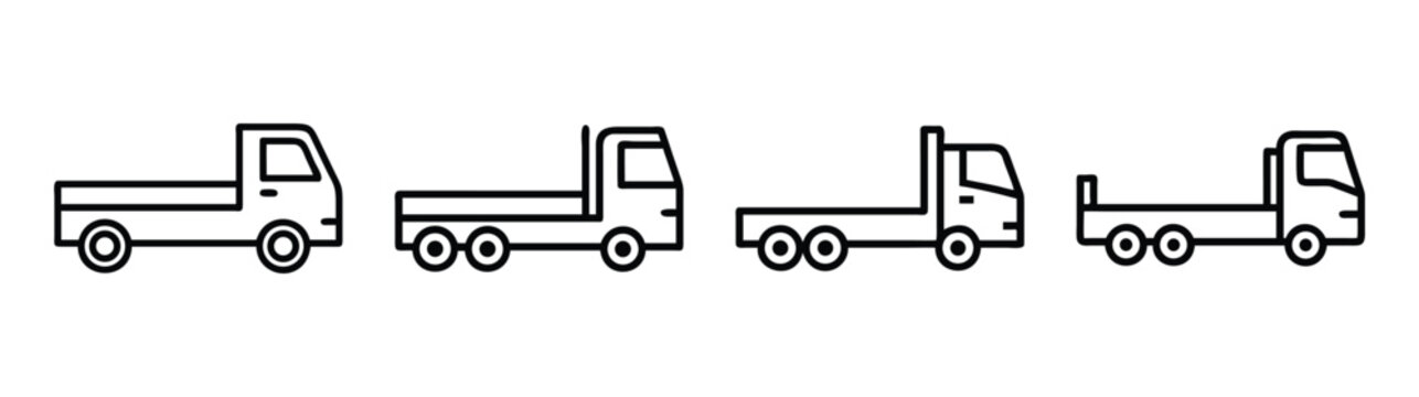 Collection of four simple line art flatbed trucks in various configurations for transportation and logistics