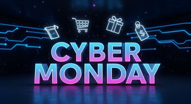 Futuristic promotional banner for a major online shopping sale event, featuring glowing 3D text and retail icons on a digital circuit background - Powered by Adobe