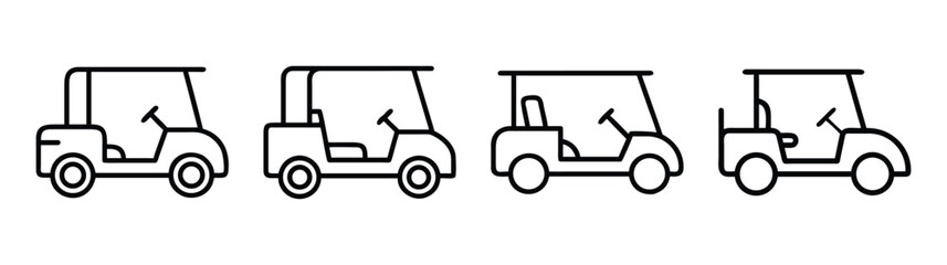 Four golf cart icons lined up side by side simple line drawings for sport and recreation