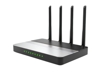 Wireless router with four antennas isolated on transparent background