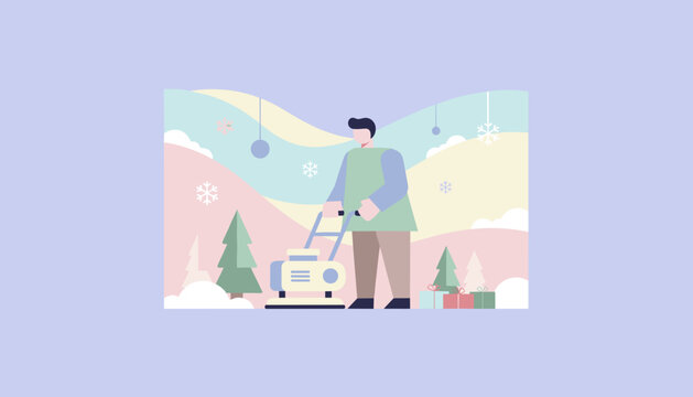 Man using a snow blower in a pastel winter landscape with trees and holiday gifts Seasonal illustration