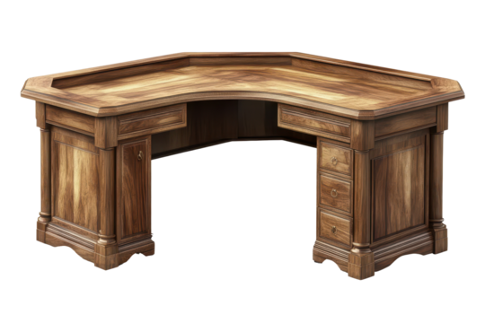 Stylish corner desk featuring rich wood grain, perfect for home office or study setup with ample workspace for productivity