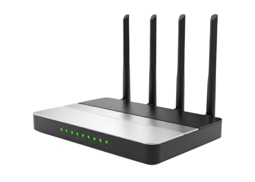 Wireless router with four antennas isolated on transparent background