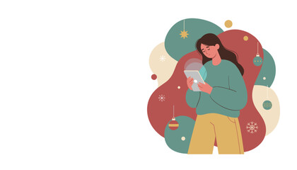 Woman uses tablet for holiday shopping or messages surrounded by festive Christmas decor