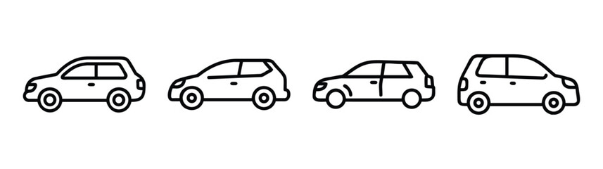 Fototapeta premium Four simple outline hatchback cars side view isolated graphic elements for design