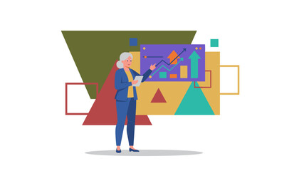 Mature businesswoman presenting financial growth charts and data analytics illustration