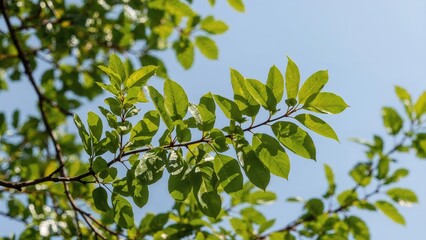 Obraz premium Green leaves on a tree branch against a clear blue sky.