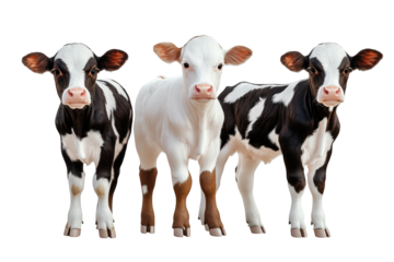 Group of young calves standing together in a bright studio setting, showcasing their distinct markings and curious expressions while isolated from any distractions