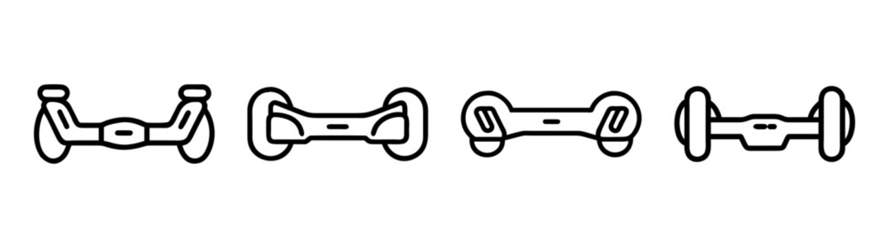 Collection of four stylized hovering board components or footpad connectors in a row.