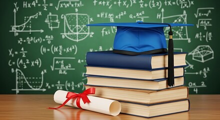 Graduation cap and diploma on stack of books with mathematical formulas on blackboard in background, symbolizing academic achievement and education