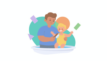 Loving father giving baby a bath Happy family bonding time illustration
