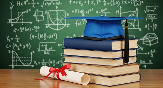 Graduation cap and diploma on stack of books with mathematical formulas on blackboard in background, symbolizing academic achievement and education