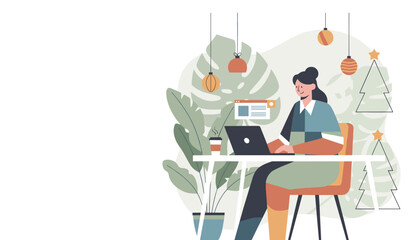 Remote work professional using laptop in a cozy modern office decorated for the Christmas holidays