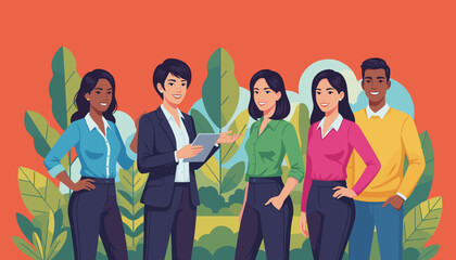 Diverse business team collaborating with tablet in a lush vibrant environment Teamwork and leadership