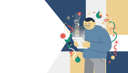 Stressed man reading financial results on tablet during festive yearend celebrations