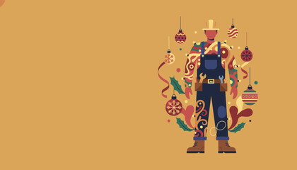 Handyman in work clothes and hard hat surrounded by festive Christmas ornaments Holiday labor vector illustration
