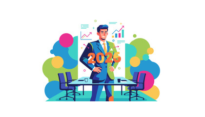 Corporate leader planning 2026 strategy with growth charts in a colorful meeting room