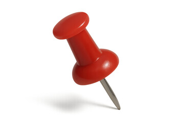 Red push pin, a common office supply, holding onto a concept. Isolated thumbtack for organization and reminders