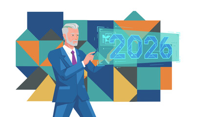Senior businessman pointing at a holographic screen displaying 2026 Future planning concept