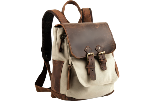 Beige canvas backpack with brown leather accents ideal for outdoor adventures or casual daily use in urban settings