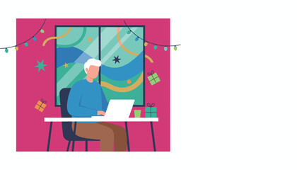 Senior man working on laptop in a festive decorated home office Holiday remote work concept