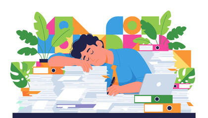 Burnout Tired worker sleeps on a massive pile of office paperwork and documents