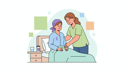 Nurse comforting ill woman with purple ribbon in bed Healthcare support and recovery