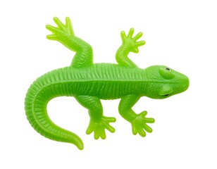 A bright green plastic lizard toy isolated on white, displaying its texture and form
