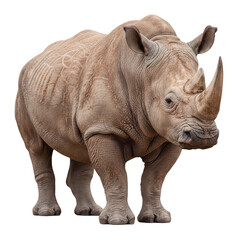 Obraz premium Majestic white rhinoceros standing isolated on white background, full body shot, powerful animal, wildlife conservation, safari theme, neutral tones,