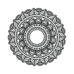 Intricate black and white mandala design with radial symmetry and geometric patterns. Floral ornament vector design on white background.