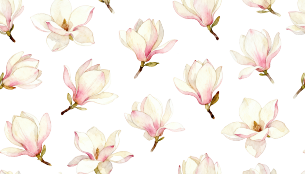 Watercolor Magnolia Flower Seamless Pattern on White Background