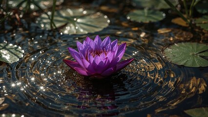 Violet water lily floating among water lilies with shimmering reflections and ripples. Nature and floral, aquatic plant scene. The beauty of aquatic flowers.