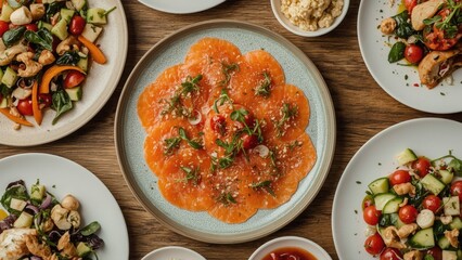 Fresh vegetables and dishes served on plates, featuring vibrant salads and a central plate with oshi, garnished with herbs and grated cheese.