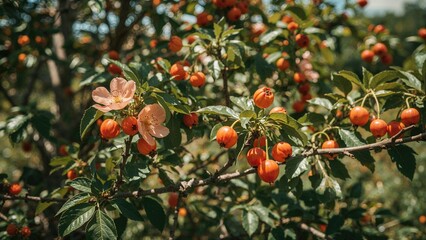 Cherry tree branches with pink flowers and orange cherries in a garden setting.