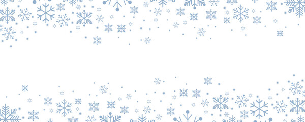 Winter snowflake border background with blue snowflakes and stars on white. Perfect for holiday, seasonal, Christmas, festive, greeting card, and decorative design projects on stock photo websites.
